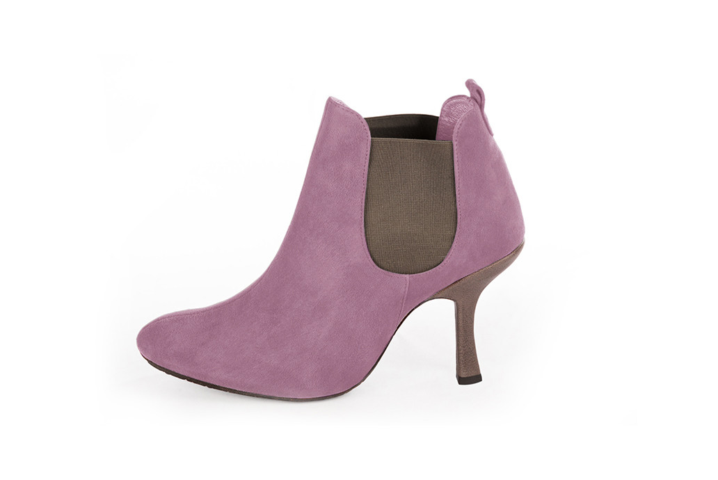 Mauve purple and taupe brown women's ankle boots, with elastics. Round toe. High spool heels. Profile view - Florence KOOIJMAN